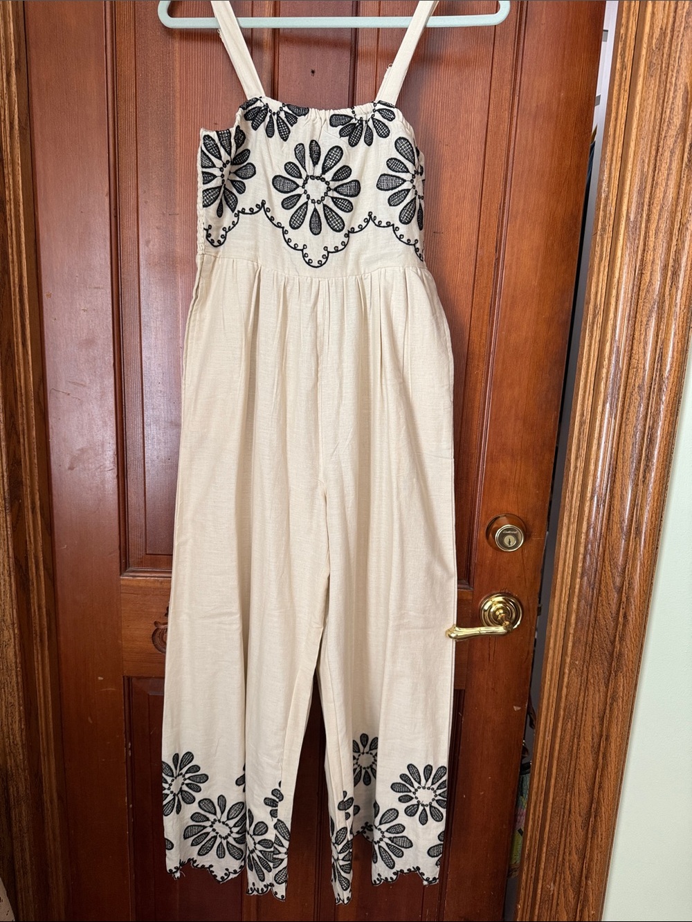Cream Embroidered Floral-Strap Jumpsuit